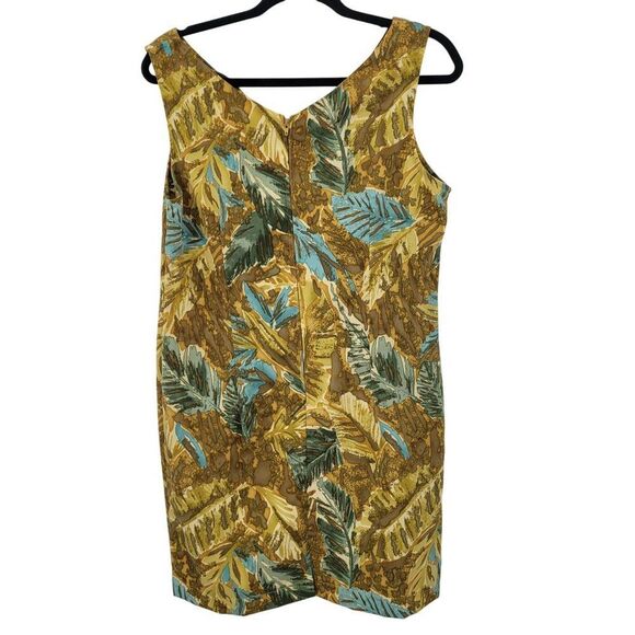 Vtg Mini Shift Dress Sz 10 Leaf Print Sleeveless V-Neck Brown Topical Resort - Picture 7 of 11